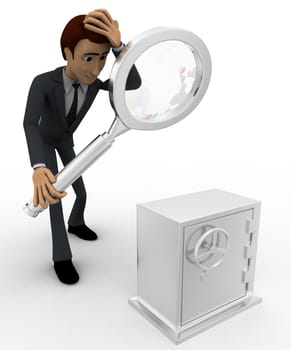 3d man examine locker concept on white background,  side angle view