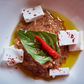 Eggplant caviar with tomatoes and roasted bell pepper