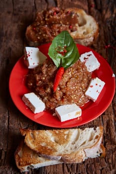 Eggplant caviar with tomatoes and roasted bell pepper