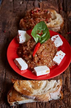 Eggplant caviar with tomatoes and roasted bell pepper