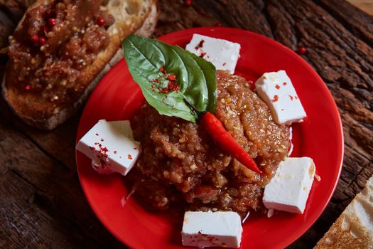 Eggplant caviar with tomatoes and roasted bell pepper