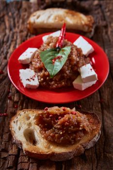 Eggplant caviar with tomatoes and roasted bell pepper