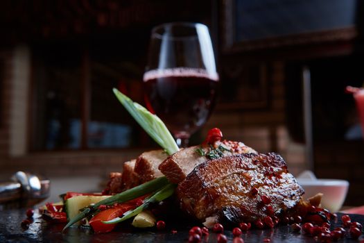 Roasted pork with grill vegetables with copy space