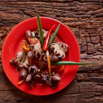 Baby octopuses in red dish with copy space  on wooden background