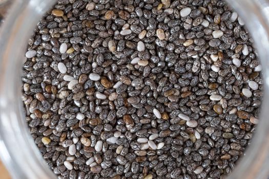 Closeup Chia Seeds in the glass bottle