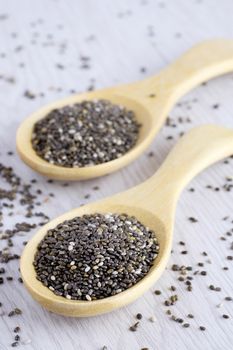 chia seeds in wooden spoon and have another one blur for background