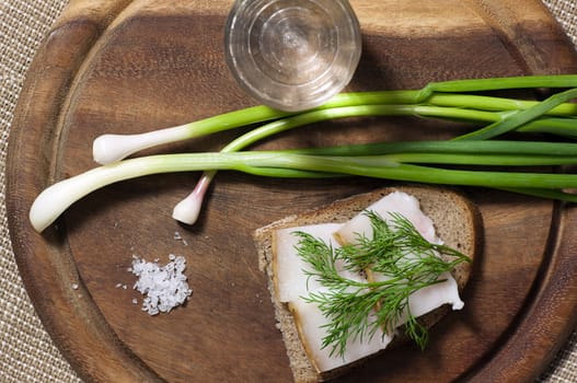 Sandwich with salted lard on rye bread and vodka view from above