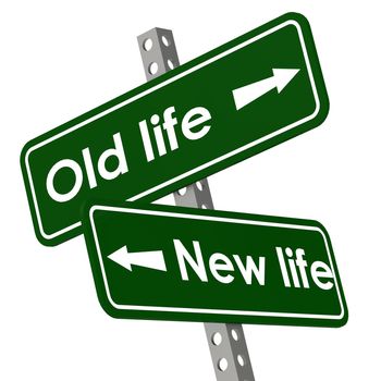 New life and old life road sign in green color image with hi-res rendered artwork that could be used for any graphic design.