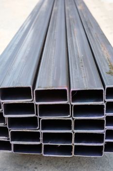 arrage of steel rectangular tube in stock warehouse