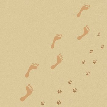 Human and dog footprints in the sand. Walk of the person and dog on a beach.