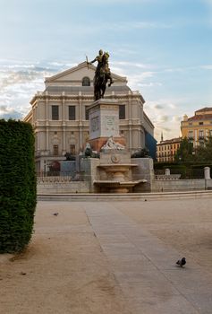 Royal theatre and Statue of Felipe IV in Madrid. Oriente Square. Spain.