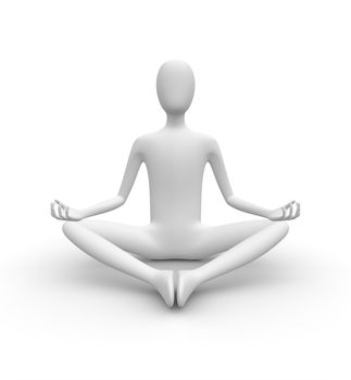 Meditating 3D white man, isolated white background, 3d image