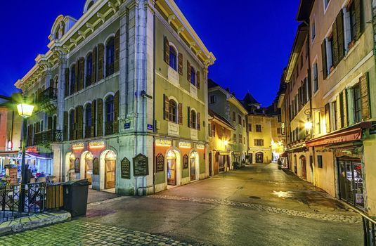 Annecy old city street by night, France, HDR