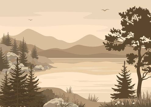 Landscapes, Lake, Mountains with Trees, Flowers and Grass, Birds in the Sky Silhouettes. 