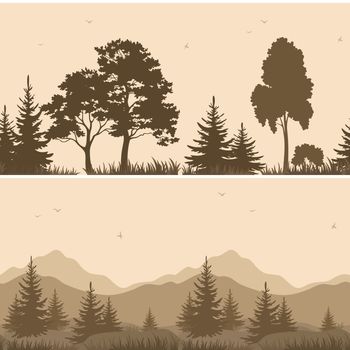 Set Seamless Horizontal Landscapes, Forest and Mountains with Trees and Grass, Birds in the Sky, Brown Silhouettes. 