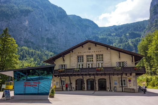 Obertraun, Austria - June 27, 2014: Valley station of the Dachstein ropeway, a famous tourist destination of Salzburger Land for hikers.