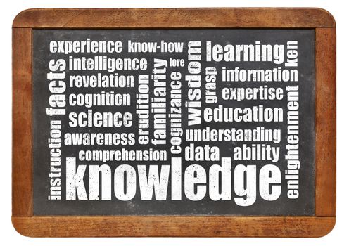 knowledge word cloud on an isolated vintage slate blackboard