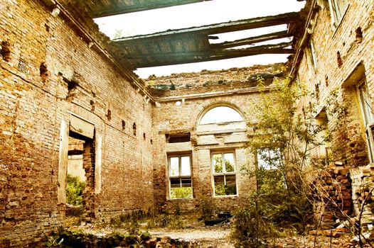 Abandoned place. Destroyed old ruins interior.