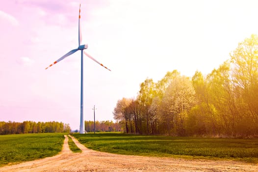 Windmill on the field with country path near forest at summer.