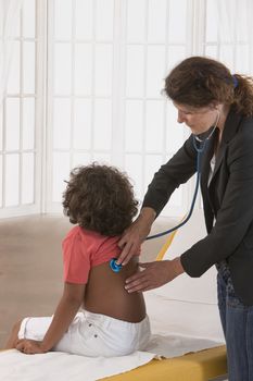 Female doctor examining little child boy