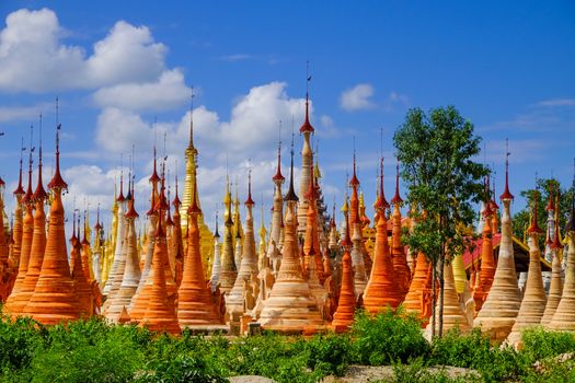 Scenic view of colorufl pagodas in Indein village, Inle lake, Myanmar