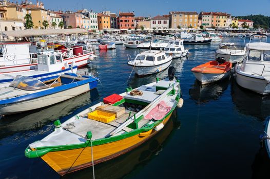 Boats in marina of Rovinj, Istria, Croatia. Typical mediterranean seaside town.