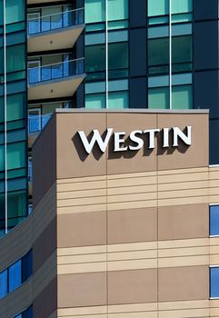 EDINA, MN/USA - AUGUST 11, 2015: Westin Hotel exterior. Westin Hotels & Resorts is an upscale hotel chain owned by Starwood Hotels & Resorts Worldwide.