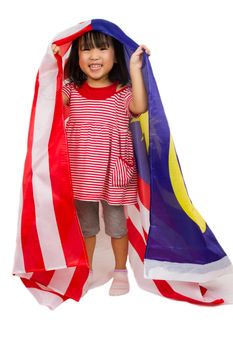 Asian chinese child with Malaysia Flag in isolated white background.