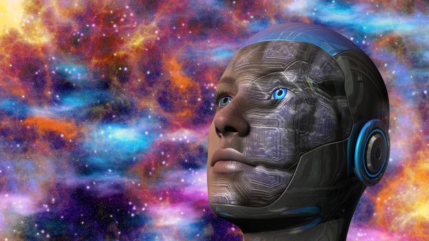 Cyborg woman with deep space background