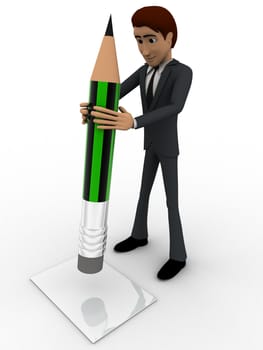 3d man holding green pencil concept on white background,  side angle view