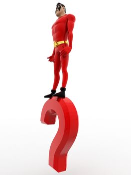 3d superhero standing on question mark concept on white background, side angle view