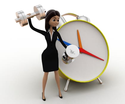 3d woman exercise time with clock and dumbell concept on white background, side angle view