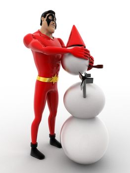 3d superhero  making snow man with snow concept on white background, side angle view