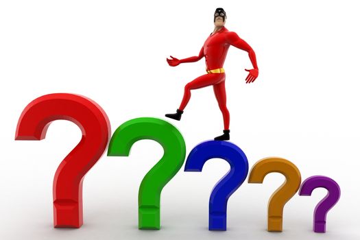 3d superhero  with stairs of question marks concept on white background, front angle view