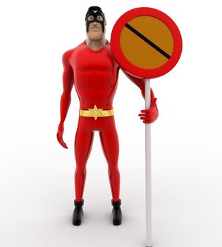 3d superhero  with no entry or stop sign concept on white background, front angle view