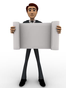 3d man holding paper scroll concept on white background, front angle view