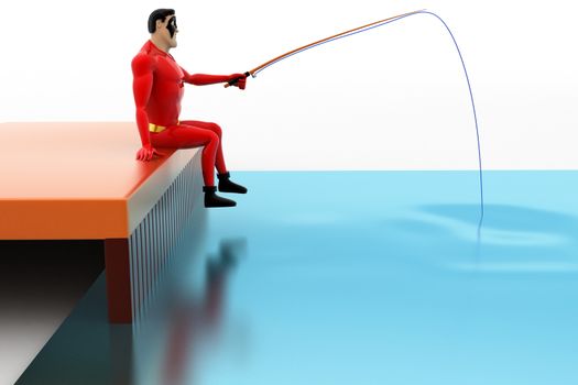 3d superhero  fishing with fishing rod concept on white background,  side angle view