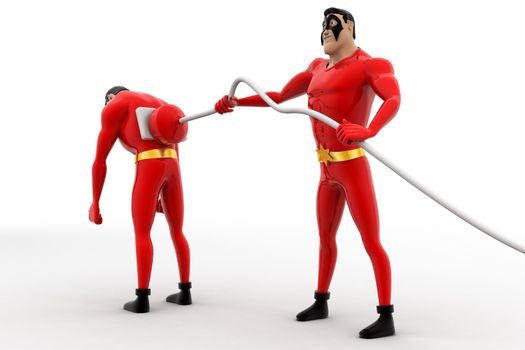 3d superhero  charge other superhero  with electric plug concept on white background, back angle view