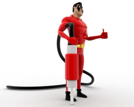 3d superhero  with plug pin concept on white background,  side angle view