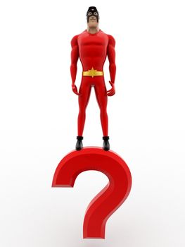 3d superhero standing on question mark concept on white background, front angle view