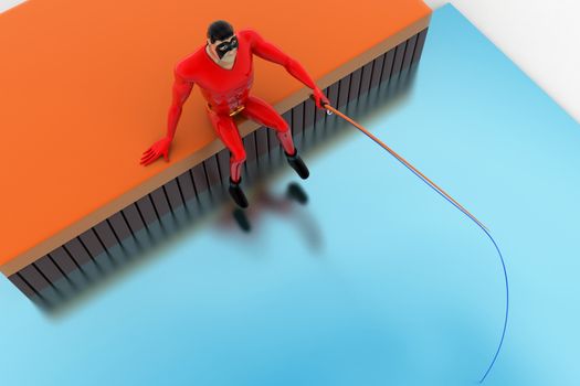 3d superhero  fishing with fishing rod concept on white background, top angle view