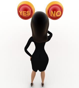 3d woman thinking which button to press yes or no concept on white background, top angle view