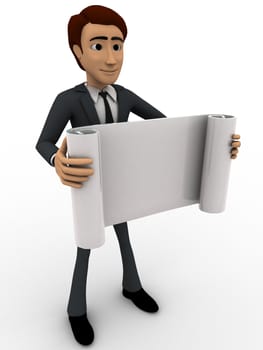 3d man holding paper scroll concept on white background, side angle view