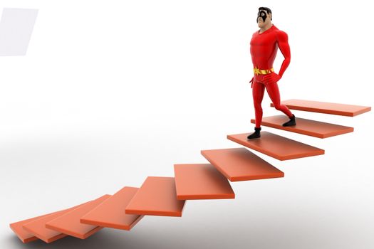 3d superhero  going down from stairs concept on white background, side angle view