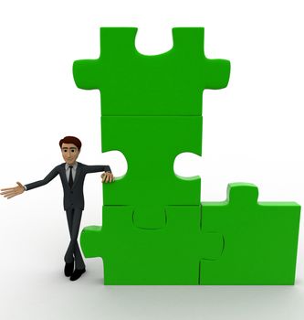 3d man with green puzzle concept on white background, front angle view