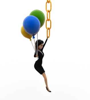 3d woman hanging on chain and holding balloons concept on white background, top angle view