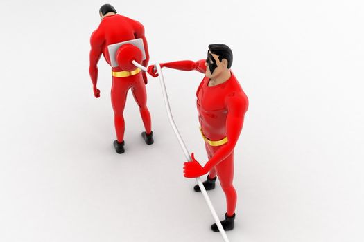 3d superhero  charge other superhero  with electric plug concept on white background, top angle view