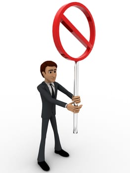 3d man holding stop sign board concept on white background, side angle view