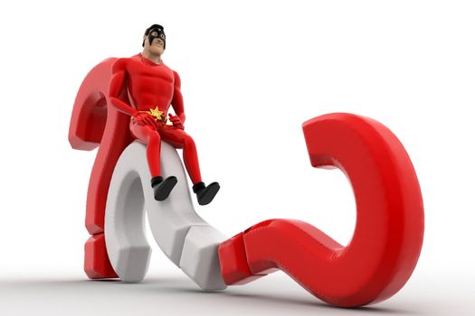 3d superhero  falling from question mark concept on white background, side angle view