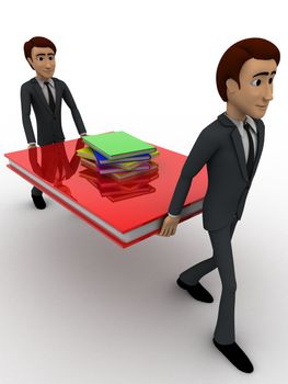 3d two men carry big book with small books concept on white background, side angle view